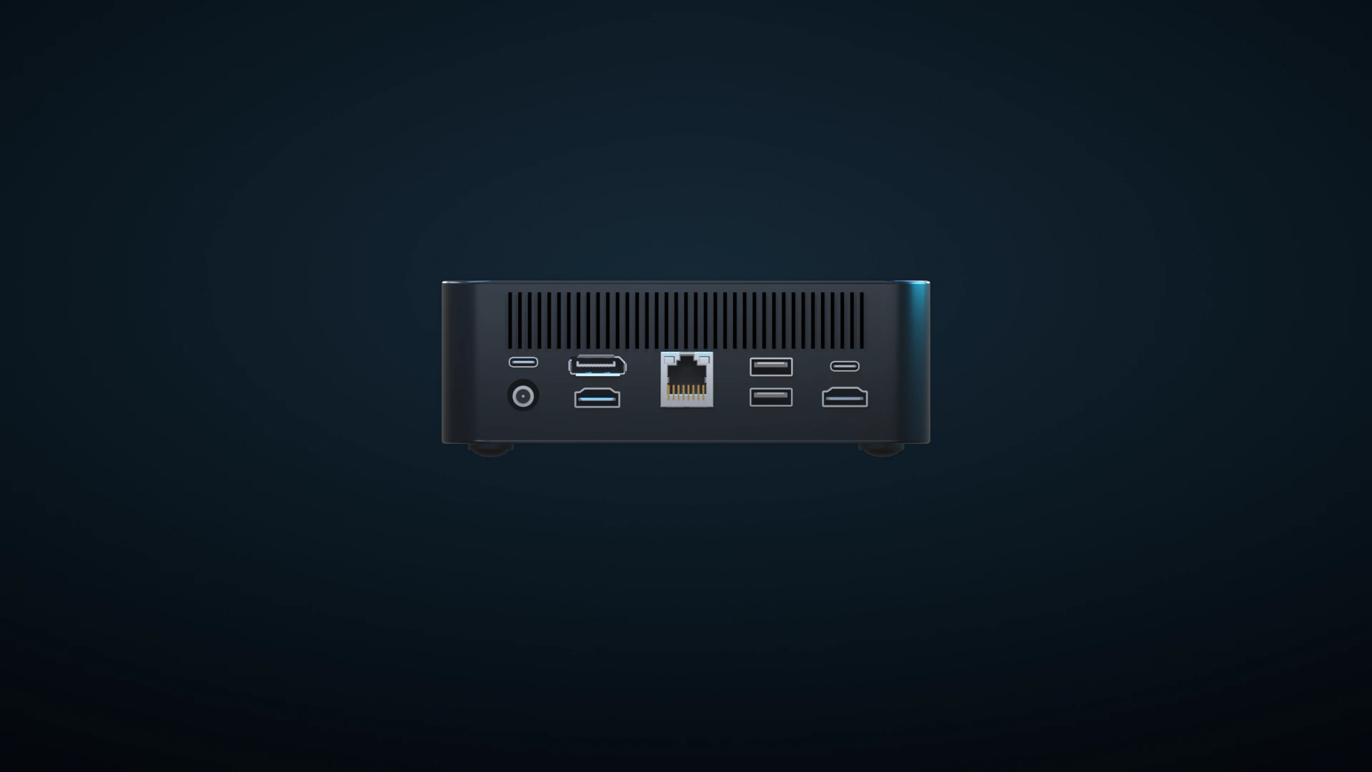 AI Box 背面供电、显示、网络与 USB 接口